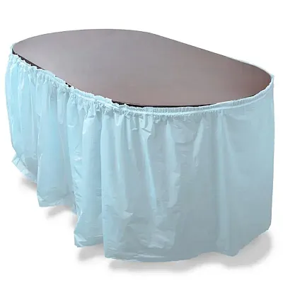 14&#039; Light Blue Reusable Plastic Table Skirt, Extends 20&#039;+ MPAR-4