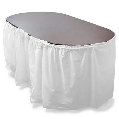 14&#039; White Reusable Plastic Table Skirt, Extends 20&#039;+ MPAR-455