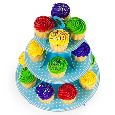 Blue Polka Dot 3 Tier Cupcake Stand, 14in Tall by 12in Wide MPAR