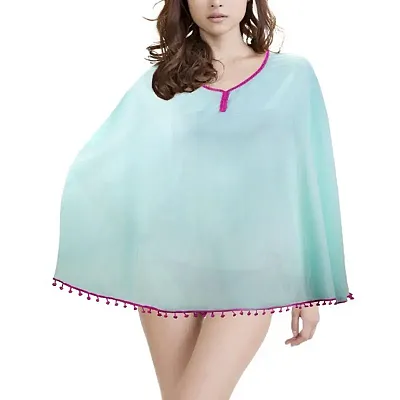 Women&#039;s Beach Poncho with Pom-Pom Trim, Mint Raspberry SBEC-201