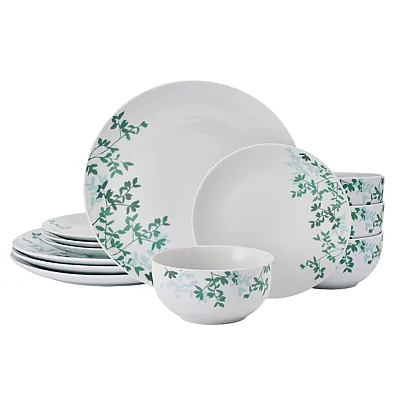 Studio Nova 5323489 12-Piece Porcelain Dinnerware Set, Gray Moonlit Leaves Patte
