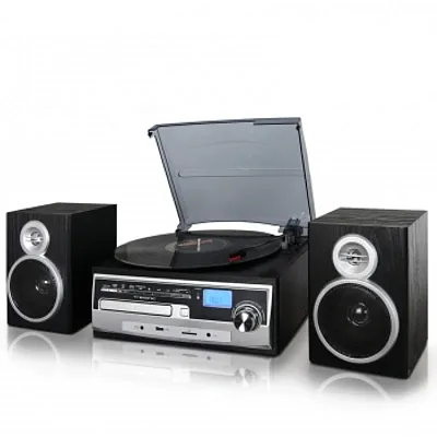 Trexonic 3-Speed Vinyl Turntable Home Stereo System with CD Player, FM Radio, Bl