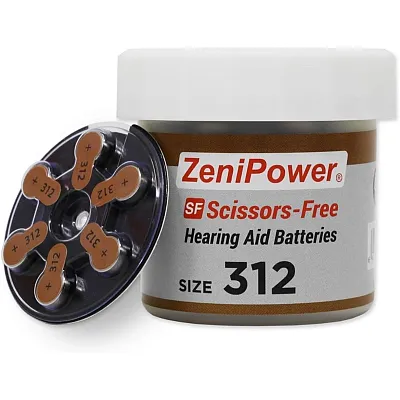 Zenipower Scissors-Free Hearing Aid Batteries | Size 312 (60 Pack) Zp-312Bcr-60