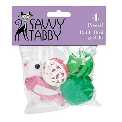 Pet Edge Savvy Tabby Rattle Bird & Balls